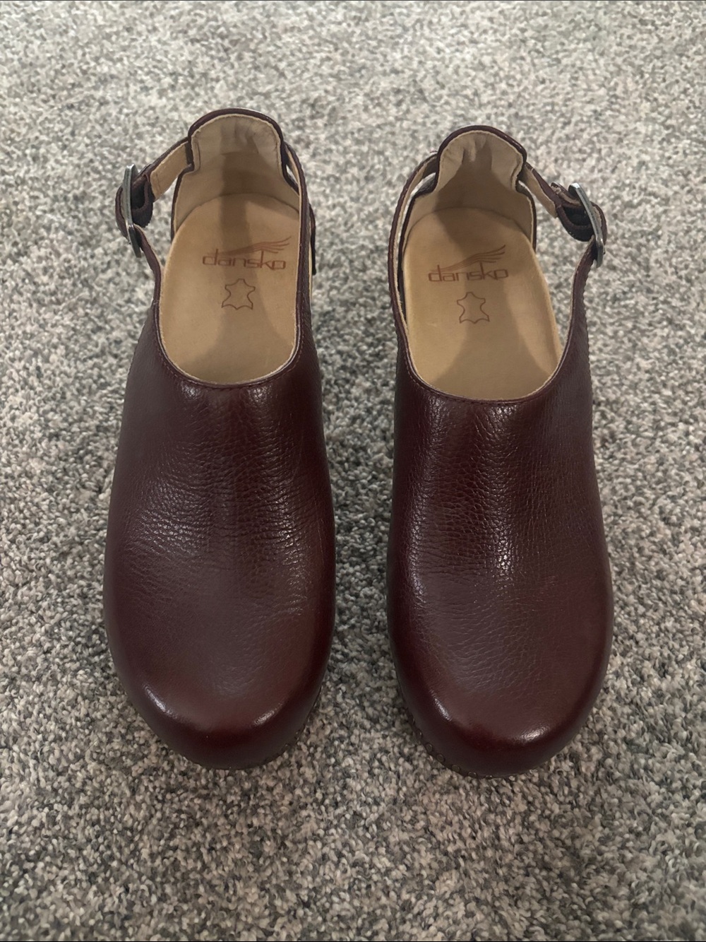 Dansko Sassy Burgundy Leather Clogs with Ankle Strap